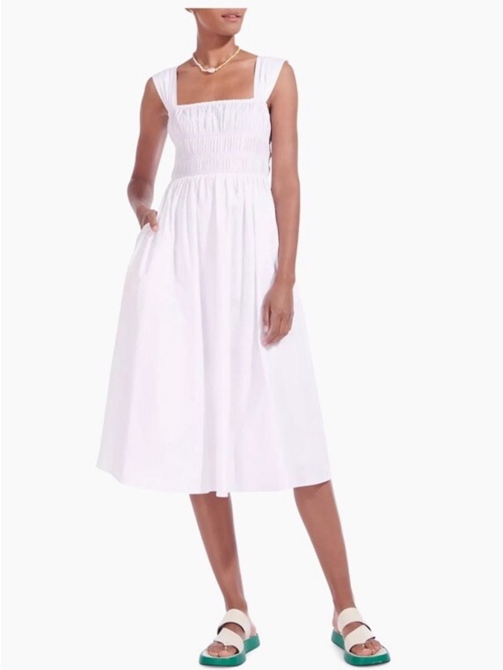 STAUD Ida White Cotton Smocked Square-Neck Midi Dress